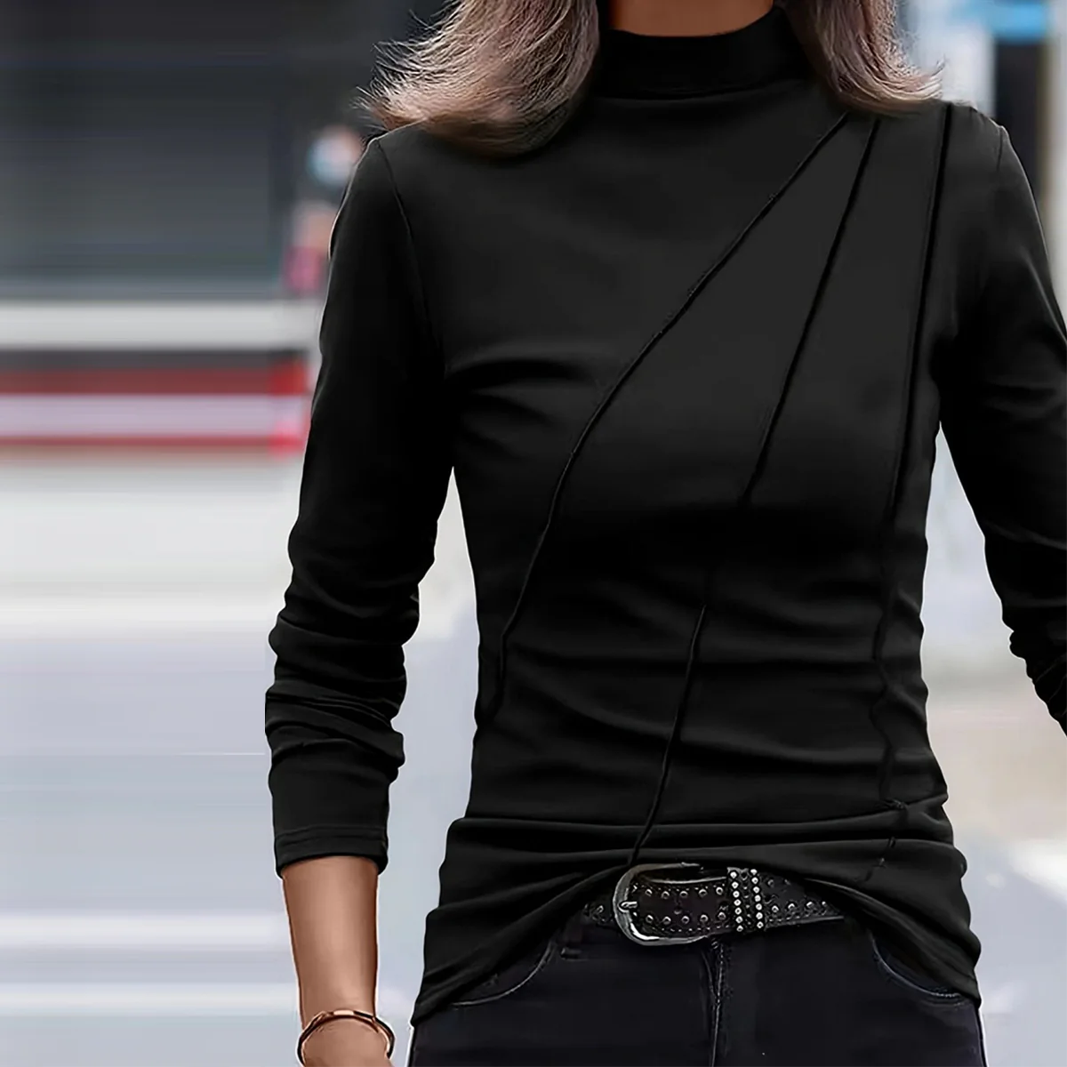 Black Plain Mock Neck Long Sleeve Top