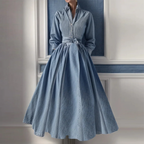 Fresh Collared Long Sleeve Denim Maxi Dress