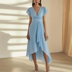 Blue Plain Short Sleeve Midi Dress