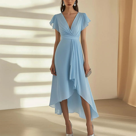Blue Plain Short Sleeve Midi Dress