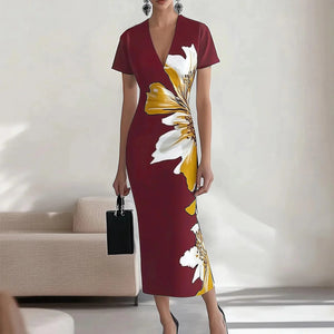 Burgundy Short Sleeve V-Neck Midi Dress