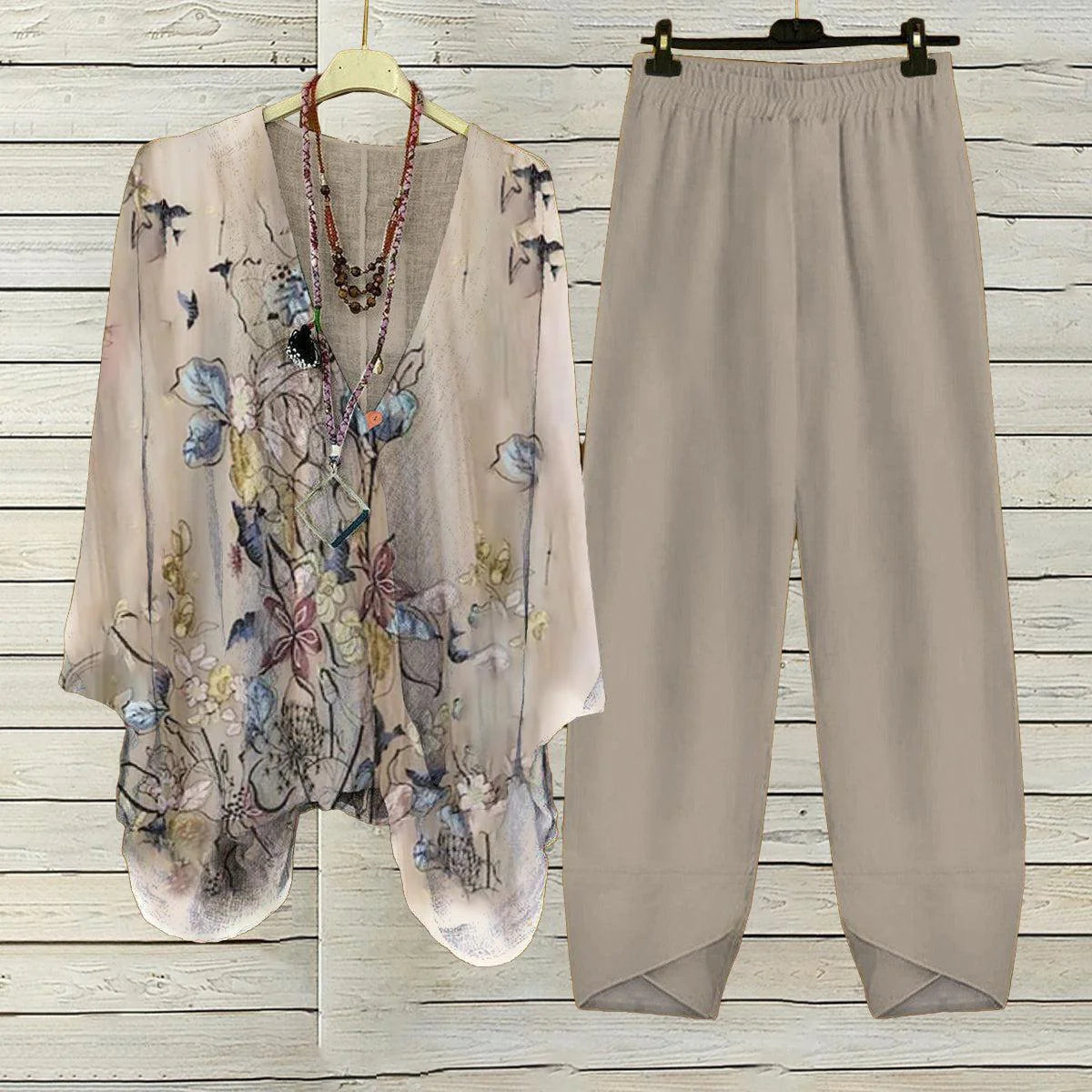 Apricot Plant Print V-Neck Two Piece Set