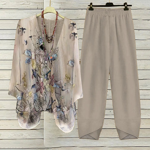 Apricot Plant Print V-Neck Two Piece Set
