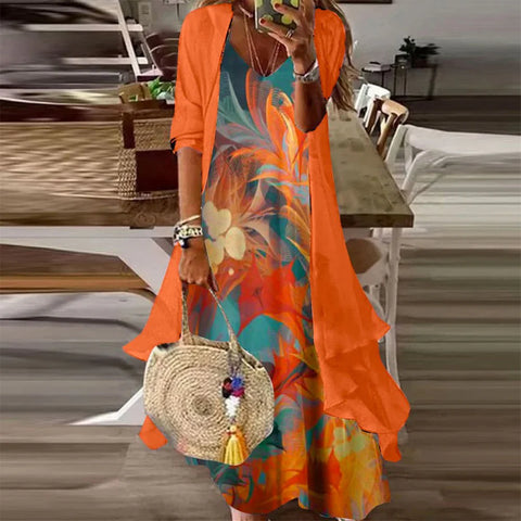 Orange Print Maxi Dress With Jacket