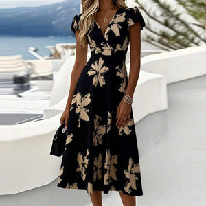 Black V-Neck Short Sleeve Midi Dress