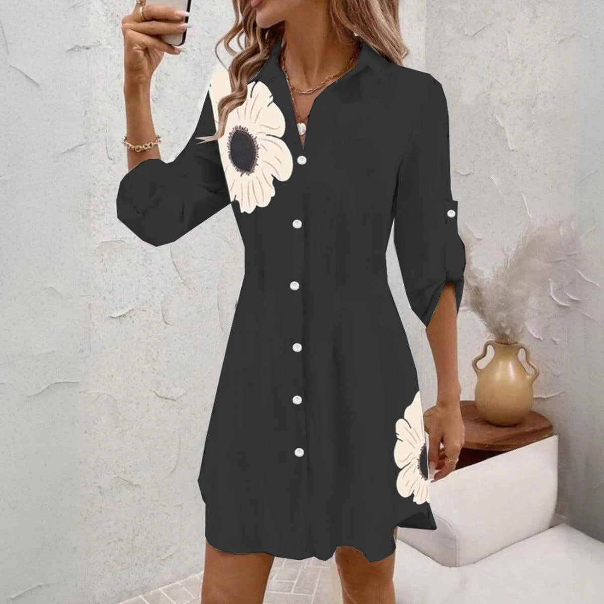 Vintage Floral Print Long Sleeve Mini Dress
