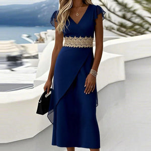 Blue Plain V-Neck Midi Dress