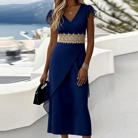 Blue Plain V-Neck Midi Dress