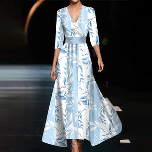 Blue 3/4 Sleeve V-Neck Maxi Dress
