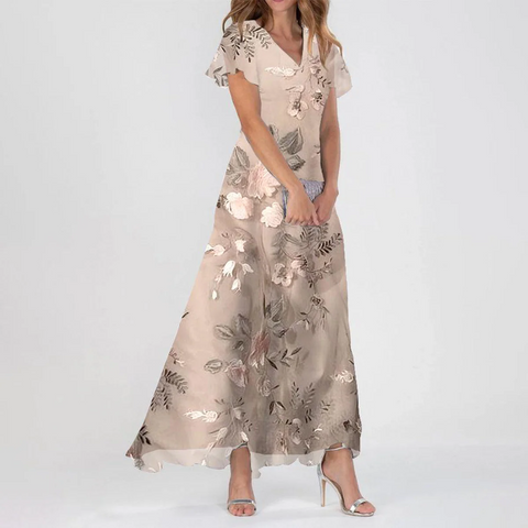 Champagne Floral Print Short Sleeve Maxi Dress
