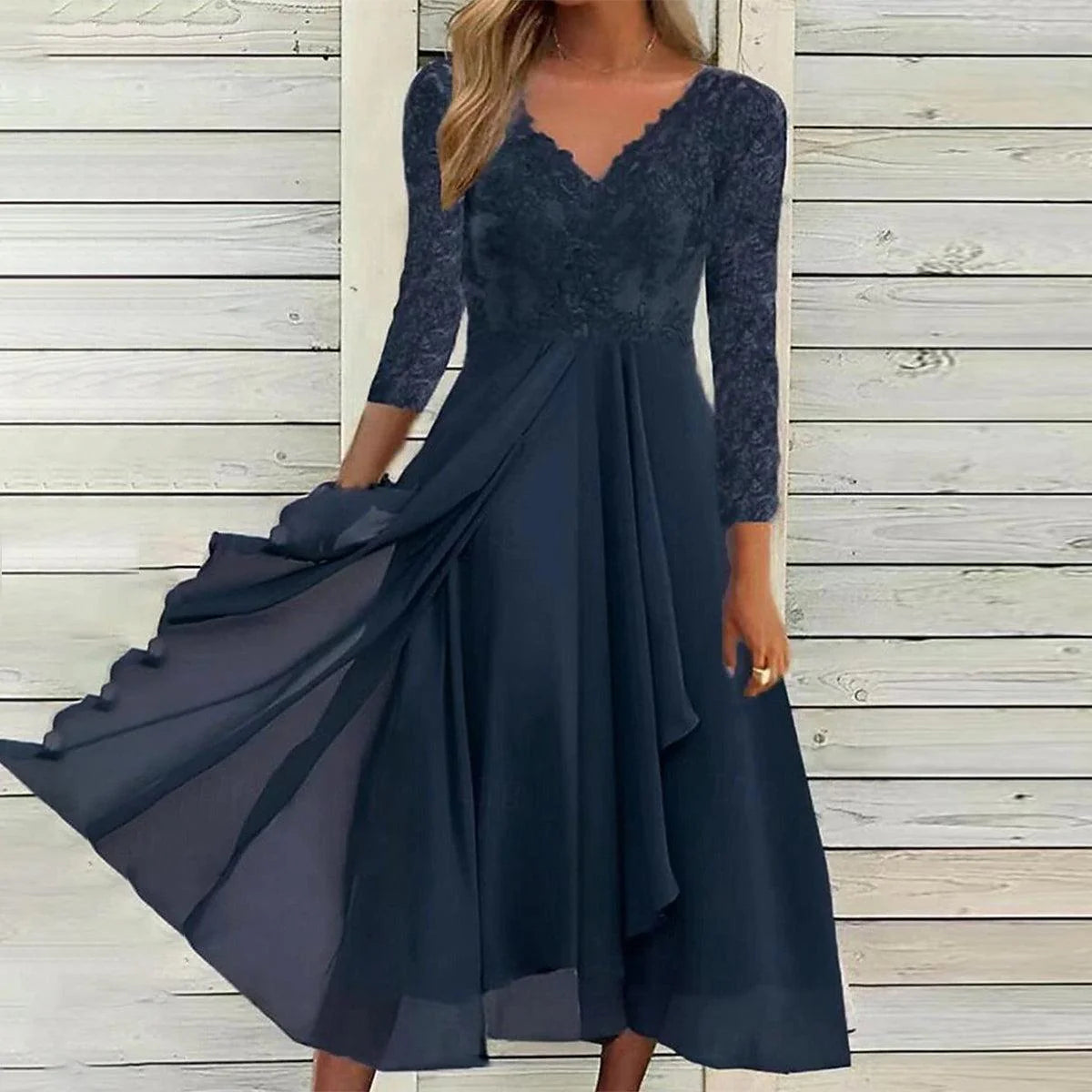 Chic Navy V-Neck Midi Dress