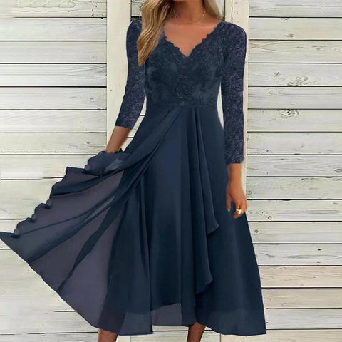 Chic Navy V-Neck Midi Dress