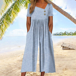 Youthful Blue Striped Short Sleeve Jumpsuit