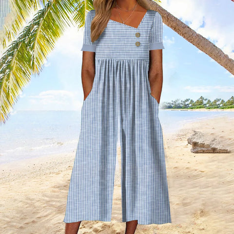 Youthful Blue Striped Short Sleeve Jumpsuit