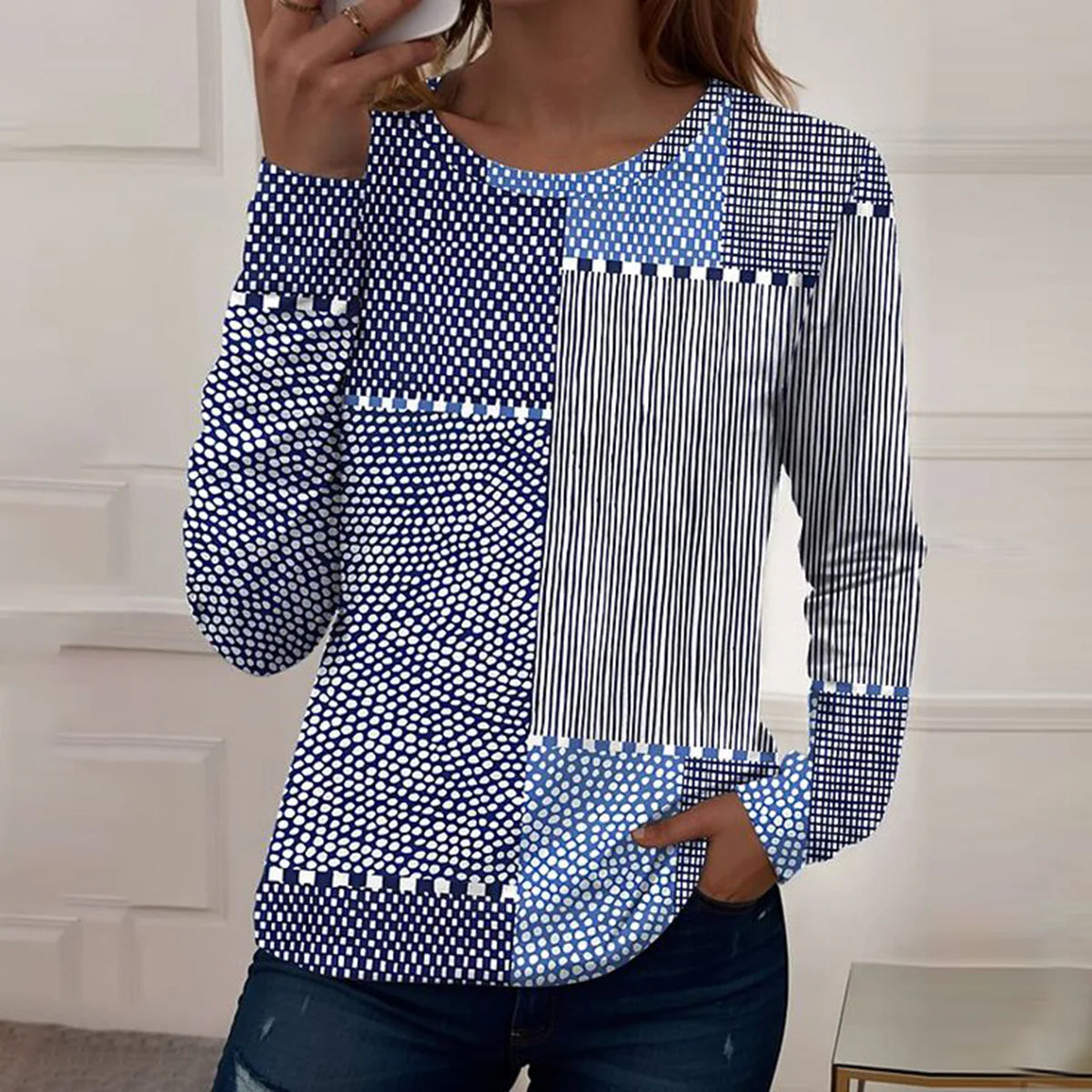 Classy Striped Print Round Neck Top
