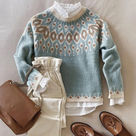 Temperament Light Blue Round Neck Sweater