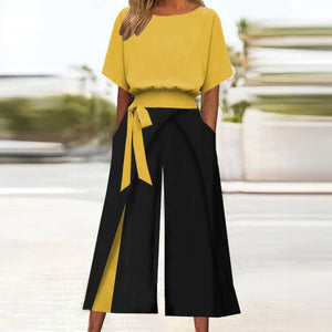 Unique Round Neck Color Block Two Piece Set