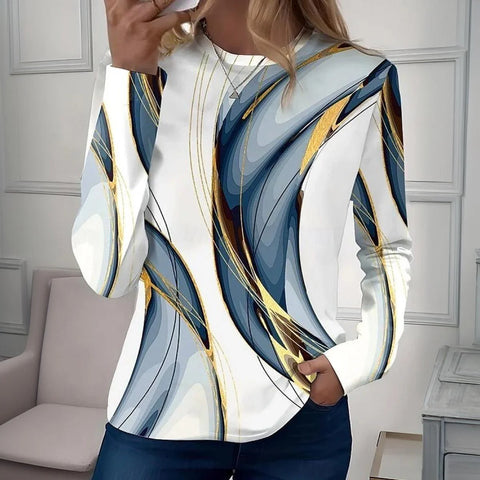 Stunning Geometric Print Round Neck Long Sleeve Top