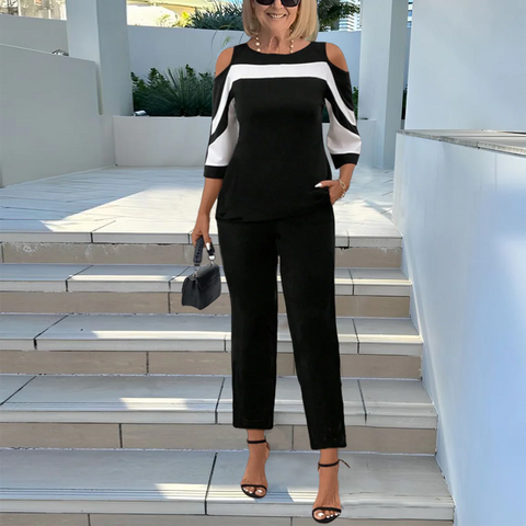 Trendy Round Neck Color Block Two Piece Set