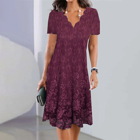 Purple Short Sleeve V-Neck Midi Dress