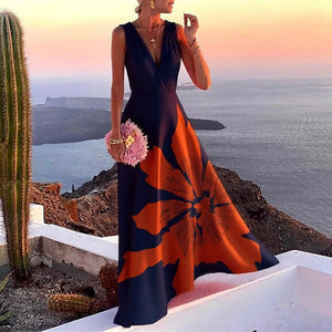 Elegant Floral Print Sleeveless V-Neck Maxi Dress