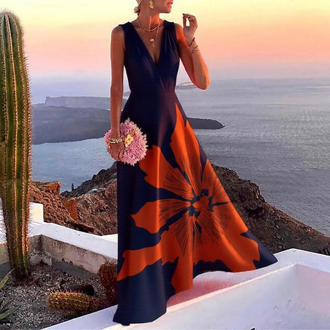 Elegant Floral Print Sleeveless V-Neck Maxi Dress