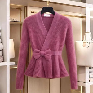 Groovy V-Neck Long Sleeve Rose Red Sweater