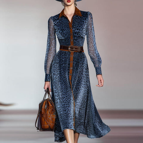 Blue Long Sleeve Leopard Midi Dress