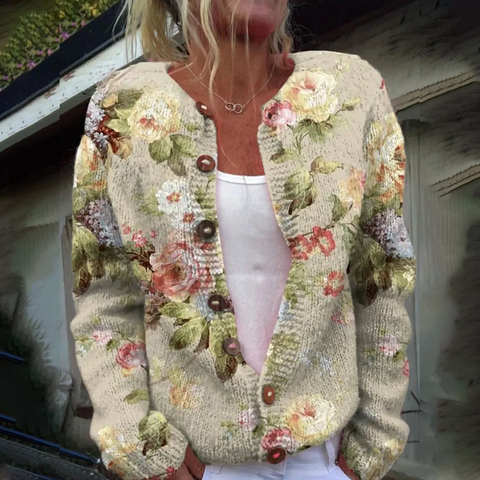 Elegant Floral Print Collarless Long Sleeve Cardigan