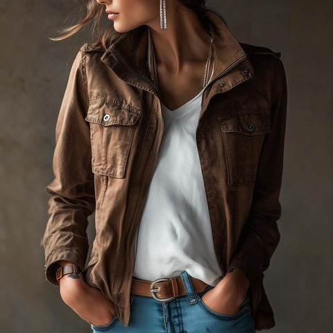 Classic Brown Utility Jacket With Functional Pockets